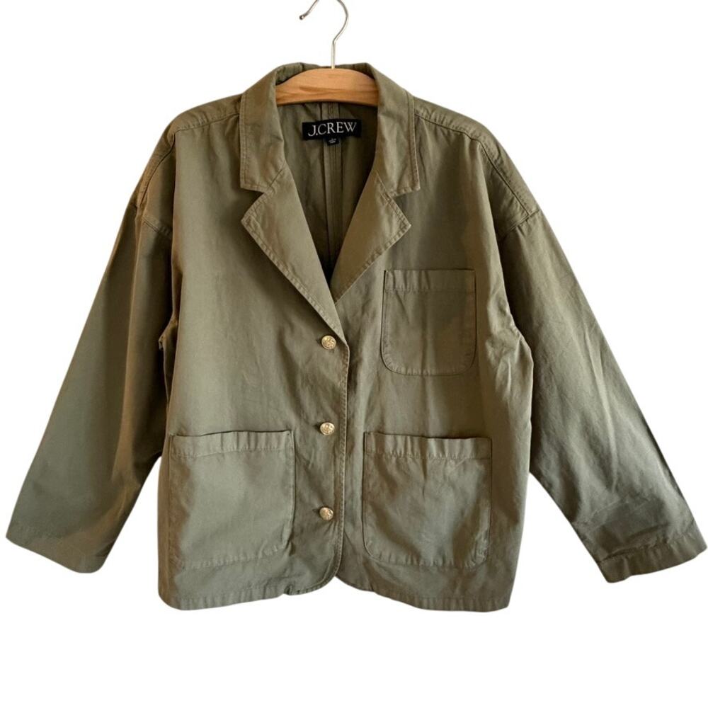 JCrew Olive Green Chino Cotton Oversized Blazer Jacket Gold Crest Buttons Size L